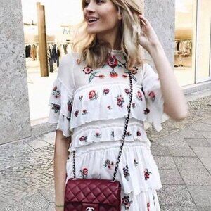 Zara Woman Tiered Boho Floral Mini Dress, White with Red Flowers, Size M